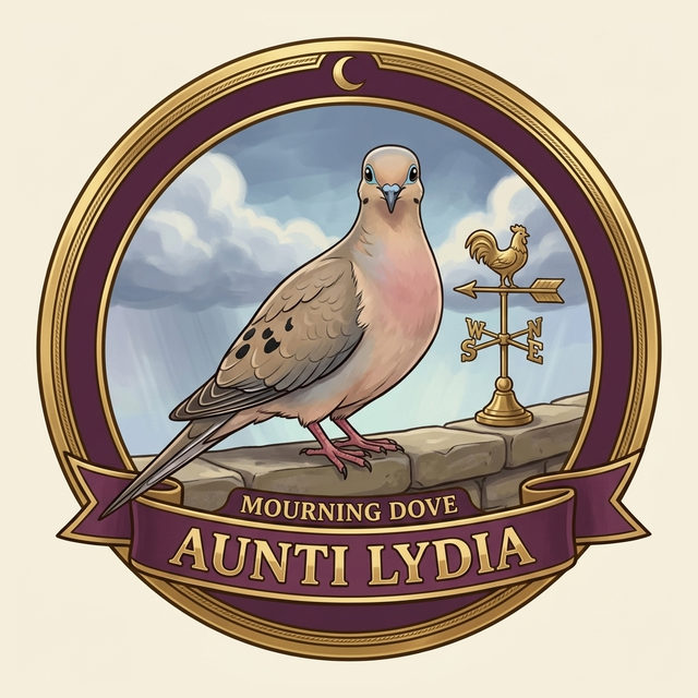 Badge art: a gold-rimmed badge with a sage-green band showing a calm, matriarchal dove perched on a stone garden wall beside a small brass weather vane, inscribed Mourning Dove.