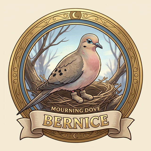 Badge art: a gold-rimmed badge with a steel-blue band showing a no-nonsense dove wearing knitted winter socks in a twig nest with narrowing eyes, inscribed Mourning Dove.