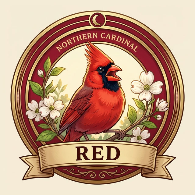 Badge art: a gold-rimmed badge with a crimson band showing a scarlet male songbird with a black mask singing on a flowering dogwood branch, inscribed Northern Cardinal.