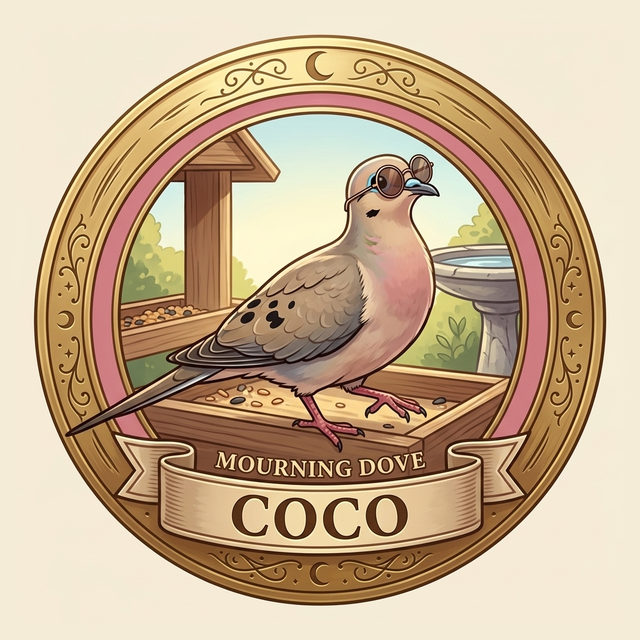 Badge art: a gold-rimmed badge with a rose-pink band showing a fashionable dove in round sun spectacles stepping along a tray like a runway, inscribed Mourning Dove.