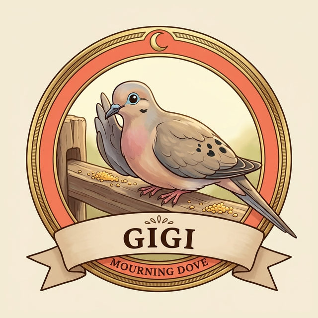 Badge art: a gold-rimmed badge with a buttercup-yellow band showing a petite, excitable dove leaning close in hushed gossip on a garden fence, inscribed Mourning Dove.
