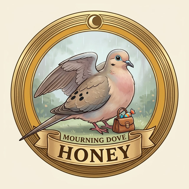 Badge art: a gold-rimmed badge with a golden band showing a plump, motherly dove sheltering from drizzle under one wing beside a leather handbag, inscribed Mourning Dove.