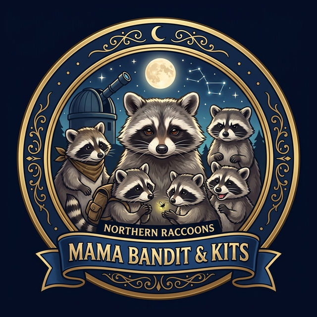 Gold-rimmed badge with a navy band showing Mama Bandit with her five kits, Rascal, Bandito, Whiskers, Scout and Ringo, one in a bandana, one with a satchel and one holding a glowing firefly, before an observatory dome and telescope under a full moon, with ribbons reading Northern Raccoons and Mama Bandit & Kits.