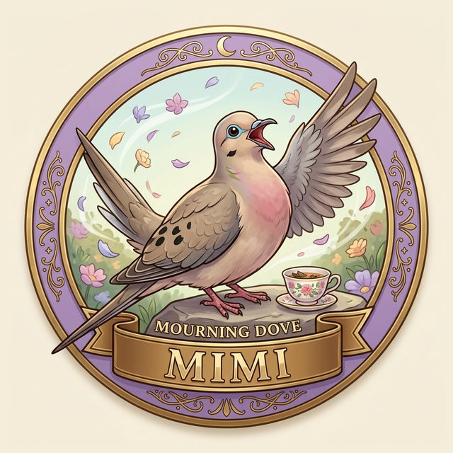 Badge art: a gold-rimmed badge with a mauve band showing a dramatic dove with one wing raised in mid-gesture on a garden bench, inscribed Mourning Dove.