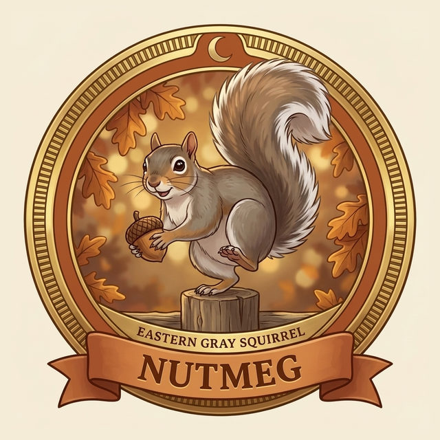 Badge art: a gold-rimmed badge with a warm brown band showing an eastern gray squirrel holding an acorn on a wooden stump among autumn oak leaves, inscribed Eastern Gray Squirrel.