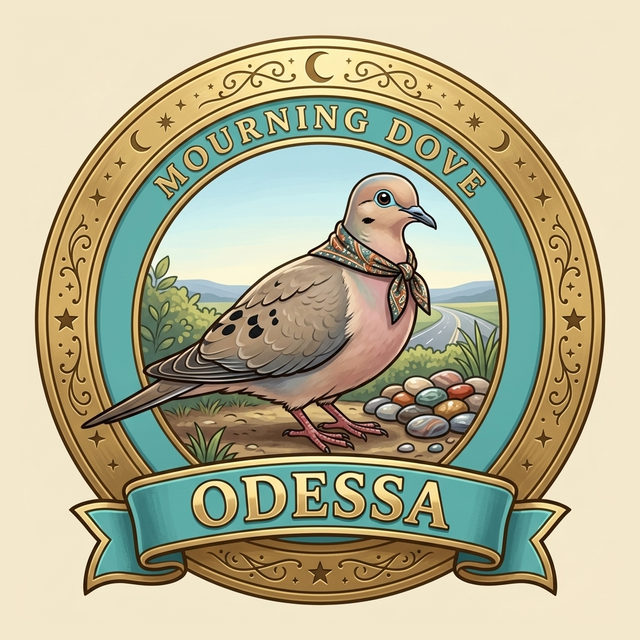 Badge art: a gold-rimmed badge with a dusty-rose band showing a quiet dove arranging a neat pile of colorful garden pebbles, inscribed Mourning Dove.