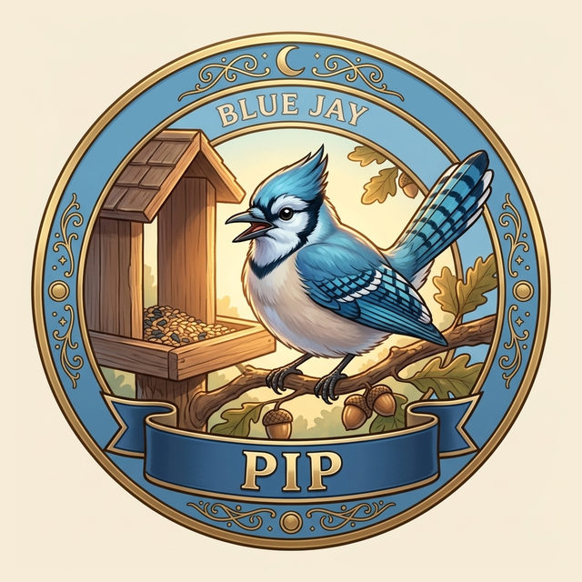Badge art: a gold-rimmed badge with a sky-blue band showing a blue jay with vivid cyan and cobalt plumage perched beside a wooden seed tray mid-squawk, inscribed Blue Jay.