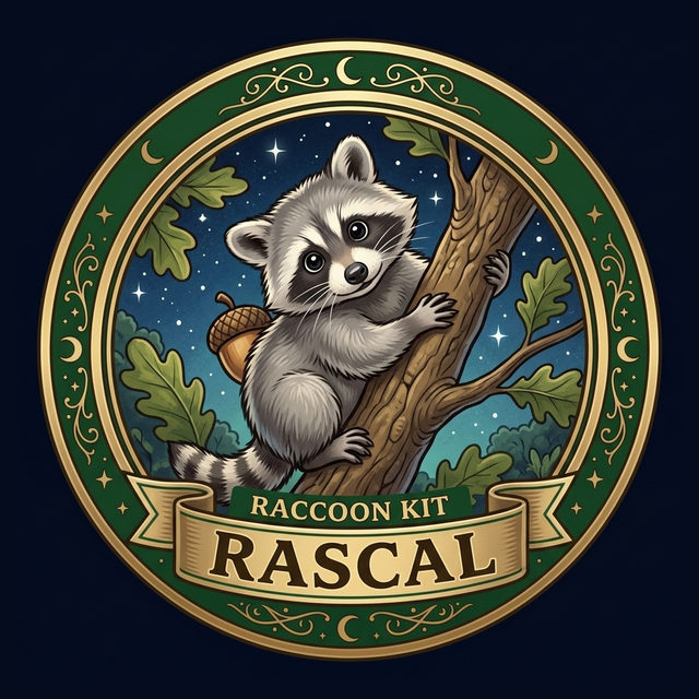 Badge art: a gold-rimmed badge with a forest-green band showing a young raccoon clinging to an oak trunk beside a hanging acorn under a starry sky, lettered Raccoon Kit.