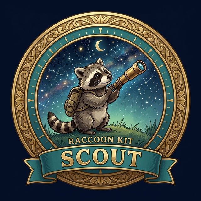 Badge art: a gold-rimmed badge with a teal band marked with compass ticks, showing a young raccoon with a backpack looking through a brass telescope at a starry sky, lettered Raccoon Kit.