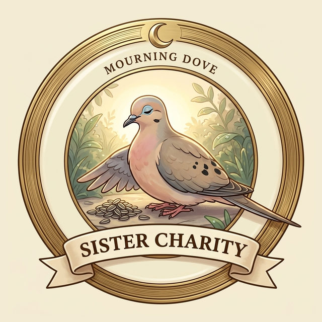 Badge art: a gold-rimmed badge with an ivory band showing a serene, generous dove offering sunflower seeds from a stone basin, inscribed Mourning Dove.